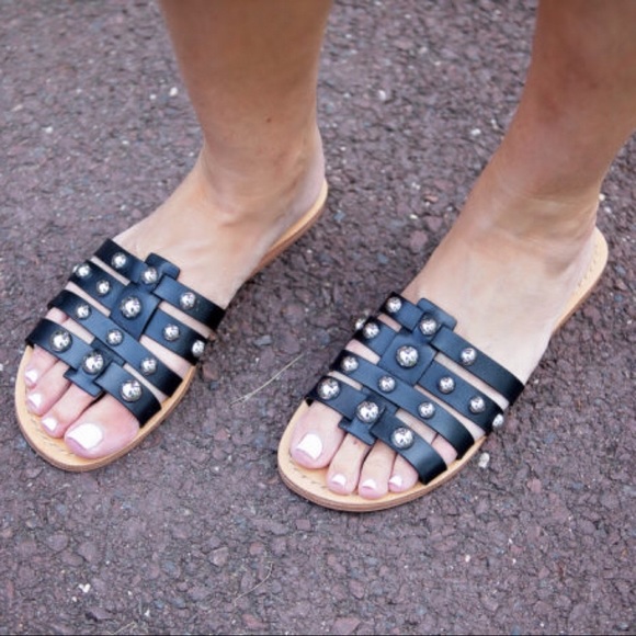 BLACK LEATHER SANDALS SLIDES MARC FISHER SLIP ONS STUDD CAGED FLATS A2C - Picture 6 of 16